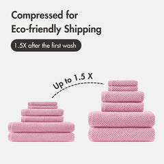 6-Piece 100% Cotton Quick Dry Diagonal Ribbed 6pcs Towel Set, Pink