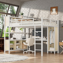 Metal Loft Bed with Wardrobe And L-shaped Desk, Queen Size Loft Bed with Storage Cubes and Shelves, Heavy Duty Loft Bed for Kids Teens Adults, White Wood-grain