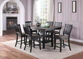 Transitional Dining Room 7pc Set Dark Coffee Rubberwood Counter Height Dining Table w 2x Shelfs and 6x High Chairs Fabric Upholstered seats Unique Back Counter Height Chairs