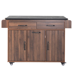 K&K Kitchen Island with Trash Can Storage Cabinet, Kitchen Cart with Drop Leaf, Spice Rack, Towel Rack and Drawer, Rolling Kitchen Island on Wheels with Adjustable Shelf, Walnut Brown