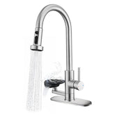 3-in-1 Kitchen Faucet with Press-Type Glass Rinser, High-Arc Pull-Down Sprayer Faucet, 3 Function Spray Mode, Brushed Nickel Finish, for Modern Kitchen Sink