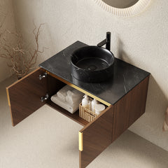 ARAI 30" Bathroom Vanity&Sink, Wall-Mounted Plywood Bathroom Storage Cabinet with Double Doors, Black Sintered Stone Countertop&Black Round Ceramic Basin with Stone Pattern, Brown Oak Woodgrain Color