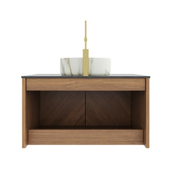 ARAI 30" Bathroom Vanity&Sink, Floating Plywood Bathroom Storage Cabinet with 2 Doors, Black Sintered Stone Countertop&White Round Ceramic Basin with Stone Pattern, Brown Oak Woodgrain Color (New SKU)