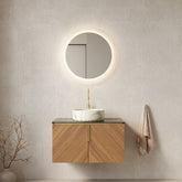 ARAI 30" Bathroom Vanity&Sink, Floating Plywood Bathroom Storage Cabinet with 2 Doors, Black Sintered Stone Countertop&White Round Ceramic Basin with Stone Pattern, Brown Oak Woodgrain Color (New SKU)