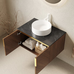 ARAI 30" Bathroom Vanity with Sink, Wall-Mounted Plywood Bathroom Storage Cabinet with Double Doors, Black Sintered Stone Countertop and White Round Ceramic Basin, Brown Oak Woodgrain Color