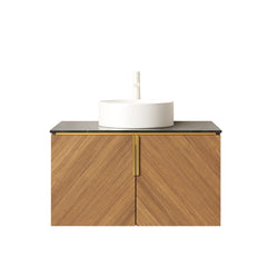 ARAI 30" Bathroom Vanity with Sink, Wall-Mounted Plywood Bathroom Storage Cabinet with Double Doors, Black Sintered Stone Countertop and White Round Ceramic Basin, Brown Oak Woodgrain Color