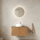 ARAI 30" Bathroom Vanity with Sink, Wall-Mounted Plywood Bathroom Storage Cabinet with Double Doors, Black Sintered Stone Countertop and White Round Ceramic Basin, Brown Oak Woodgrain Color