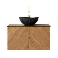 ARAI 30" Bathroom Vanity&Sink, Floating Plywood Bathroom Storage Cabinet with 2 Doors, Black Sintered Stone Top&Black Bowl Ceramic Basin with Stone Pattern, Brown Oak Woodgrain (New SKU)