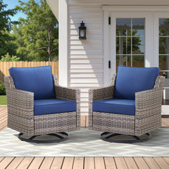 Outdoor Swivel Rocker Patio Chairs Set of 2, Gray Wicker Furniture Swivel Patio Chairs Ideal for Porch, Poolside, Deck, and Yard in Blue