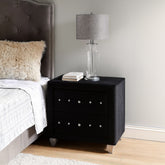 Rea Nightstand, 2 Drawers with Crystal Knobs, Black Velvet Upholstery