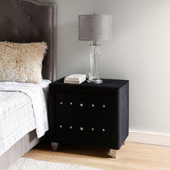 Rea Nightstand, 2 Drawers with Crystal Knobs, Black Velvet Upholstery
