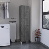 70.8H" Tall Narrow Storage Cabinet with 5-Tier Shelf, 3 Broom Hangers and Metal hardware, Smokey Oak