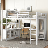 Metal Loft Bed with Wardrobe And L-shaped Desk, Queen Size Loft Bed with Storage Cubes and Shelves, Heavy Duty Loft Bed for Kids Teens Adults, White