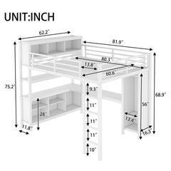 Metal Loft Bed with Wardrobe And L-shaped Desk, Queen Size Loft Bed with Storage Cubes and Shelves, Heavy Duty Loft Bed for Kids Teens Adults, White