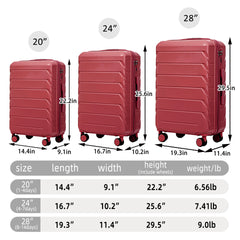 20"/24"/28" 3 pcs/set in ABS Spinner Wheel Luggage, Matching Color , With Combination Lock (Wine Red)