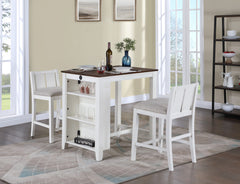 Gregorio 36" 3-Piece White Finish Small Space Counter Height Dining Table with Shelves and 2 Chairs
