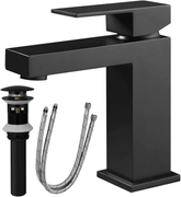 Single Handle Bathroom Faucet, Matte Black Single Hole Bathroom Faucet, Solid Brass Modern Bathroom Sink Faucet Basin Vanity Square Bathroom Faucet with Pop-up Drain & Water Supply Hoses