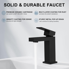 Single Handle Bathroom Faucet, Matte Black Single Hole Bathroom Faucet, Solid Brass Modern Bathroom Sink Faucet Basin Vanity Square Bathroom Faucet with Pop-up Drain & Water Supply Hoses