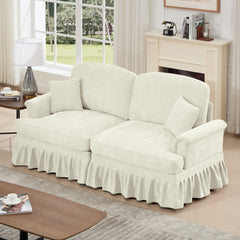 Elegant Mid Century Oversized Large Two Seater Sofa Couch with Flared Arms and Removable Ruffles Pleats Skirts and Spindle Legs, Comfy Chenille Two-Seat Love Seat Sofa for Living Room, Beige White