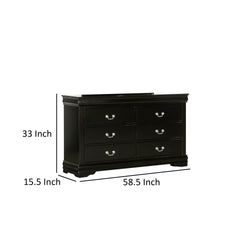 Ryla Wide Dresser, 6 Drawers, Nickel Metal Handles, Black Solid Wood