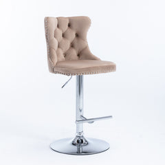A&A Furniture,Swivel Velvet Barstools Adjusatble Seat Height from 25-33 Inch, Modern Upholstered Chrome base Bar Stools with Backs Comfortable Tufted for Home Pub and Kitchen Island(Khaki,Set of 2)