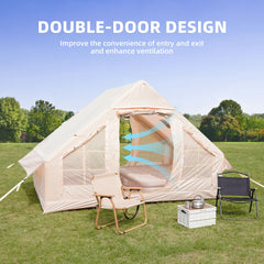Inflatable Camping Tents with Hand Pump, Air Glamping Tents, Easy Setup Waterproof and Windproof Blow up Tent, 4 Seasons Oxford Cabin Tent with Mesh & Chimney Window.