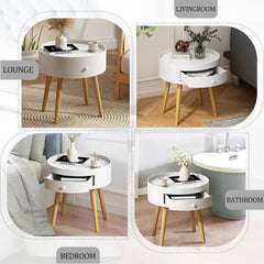 18"H Nightstand with Storage Drawer & Oak Legs Bedside Table, Sofa Side Coffee Table for Bedroom, Living Room, White
