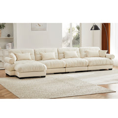 L Shaped Sectional Cloud Sofa , Convertible Deep 4 Seater Modular Couch for Living Room,Modern Velvet Comfy Upholstered Corner Couch Waist Pillows, Throw Pillows and Blostered Armrests,Cream
