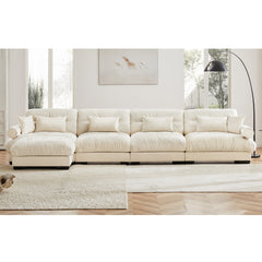 L Shaped Sectional Cloud Sofa , Convertible Deep 4 Seater Modular Couch for Living Room,Modern Velvet Comfy Upholstered Corner Couch Waist Pillows, Throw Pillows and Blostered Armrests,Cream