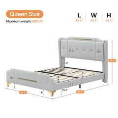 Queen Size Leather Bed frame with Wingback Headboard & Footboard, PU Upholstered Platform bed, Solid Wooden Slats Support, Easy Assembly