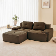82" Modern L-Shaped Modular Sectional Sofa for Living Room, Corduroy Fabric, 2-Seater Couch with Deep Seat and Movable Ottoman, Pearl-like piping, Tufted Design, No Assembly, Anti-slip Design, Brown