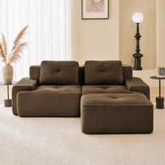 82" Modern L-Shaped Modular Sectional Sofa for Living Room, Corduroy Fabric, 2-Seater Couch with Deep Seat and Movable Ottoman, Pearl-like piping, Tufted Design, No Assembly, Anti-slip Design, Brown
