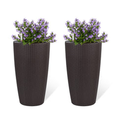 Set of 2 Faux Rattan Tall Planters Outdoor Indoor Large Planters with Water Level Monitor Inner Bucket, Automatic Watering, Flower Plant Pots for Garden, Patio, Porch, Backyard (Brown, 22 inch )