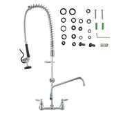 Commercial Faucet with Pre-Rinse Sprayer, 36" Height, 8" Center, 12" Swing Spout, Wall Mount Kitchen Sink Faucet, Brass Constructed Device with Pull Down Spray, for 1/2/3 Compartment Sink