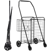 Shopping Cart, Folding Grocery Utility Cart with Dual Baskets, Waterproof Liner & Wheels, 100 LBS Large Load Capacity, Heavy Duty Laundry Basket for Laundry, Shopping, Camping, Grocery, Luggage