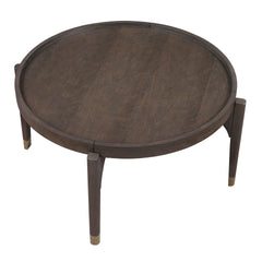 Dark Brown Finish Cocktail Table Solid Wood Legs with Metallic Gold Tip Classic Luxury Living Room Furniture 1pc Round Coffee Table