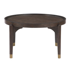 Dark Brown Finish Cocktail Table Solid Wood Legs with Metallic Gold Tip Classic Luxury Living Room Furniture 1pc Round Coffee Table