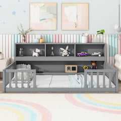 Twin Floor Bed with Bedside Bookcase,Shelves,Guardrails,Grey