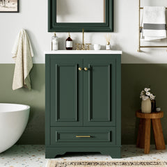 24'' Bathroom Vanity with Ceramic Sink Combo, Modern Freestanding Storage Cabinet with Silver Handles, Soft Closing Doors