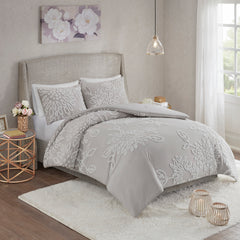 3 Piece Tufted Cotton Chenille Floral Comforter Set Warm Grey/White King/Cal King