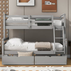 Twin over Full Bunk Bed with Ladder, Two Storage Drawers, Safety Guardrail, Gray