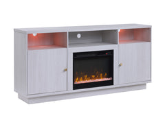 Ambrogio 70"W White Walnut Finish Fireplace TV Stand Console with Heater, LED Light, Cabinets, Shelves