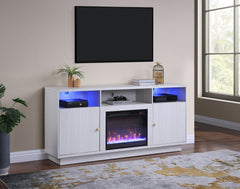 Ambrogio 70"W White Walnut Finish Fireplace TV Stand Console with Heater, LED Light, Cabinets, Shelves