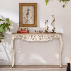 43.31" French Country Carved Console Table - Antique White Distressed Solid Wood & MDF Entry Table with Curved Legs for Hallway/Living Room