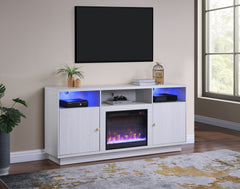 Ambrose 70"W White Walnut Finish Fireplace Console TV Stand with Heater, LED Light, Cabinets, Shelves