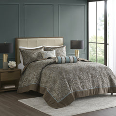 5 Piece Jacquard Bedspread Set with Throw Pillows Blue/Brown King