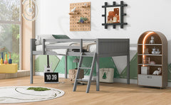 Full Size Wood Low Loft Bed with Ladder, ladder can be placed on the left or right, Gray