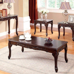 3pc Coffee Table Traditional Style Dark Cherry Finish Cabriole Legs And Intricate Design 1x Coffee Table 2x End Table