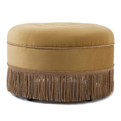 Yolanda 24" Round Upholstered Accent Ottoman, Gold Yellow Velvet with Gold Trim