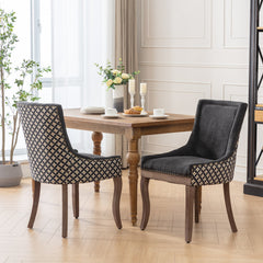 A&A Furniture, Ultra Side Dining Chair, Thickened fabric chairs with neutrally toned solid wood legs, Bronze nail head, Set of 2, Blue
